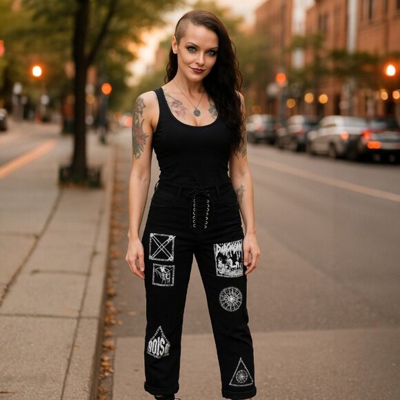 Current Mood Patch Lace-Up Jeans Punk Rocker Statement Pants NWT Size S - Picture 7 of 7